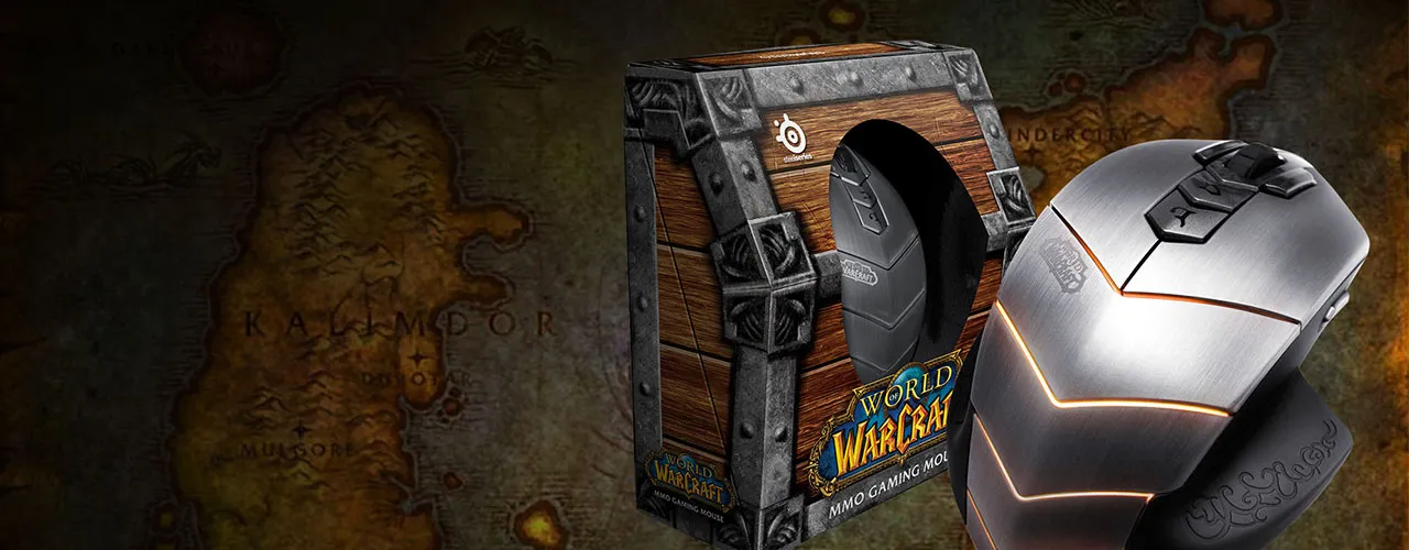 World of Warcraft gaming mouse beside a treasure chest, lit orange over a worn map
