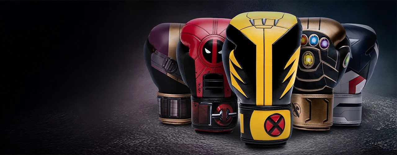 Marvel x Hayabusa boxing gloves lined up, Deadpool, Wolverine, Iron Man and Thanos