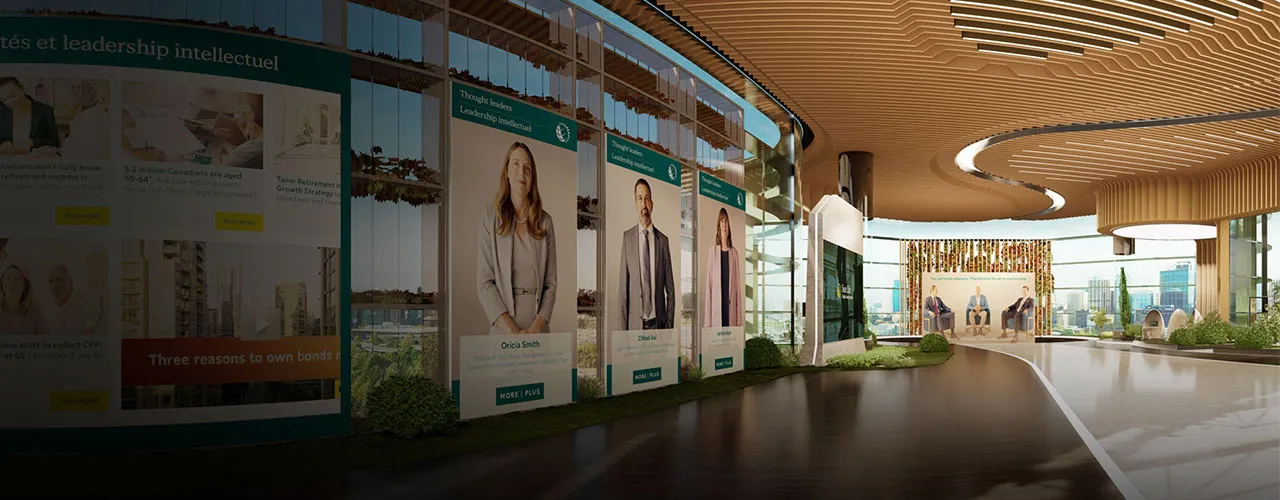 Sun Life 3D advisor environment: a bright virtual lobby with screens and planting
