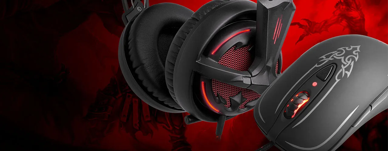 Diablo III headset and mouse on a dark background with red glow