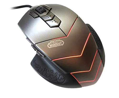 Silver 14-button MMO mouse from above, orange chevrons glowing on the palm, braided cable