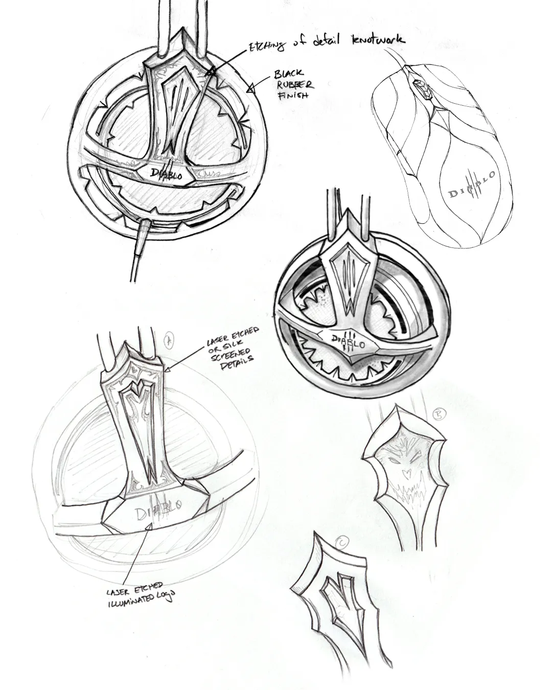 Technical sketches of the Diablo III mouse and headset with knotwork and finish notes