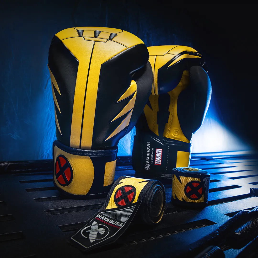 Wolverine training gloves with yellow panels and red X logo