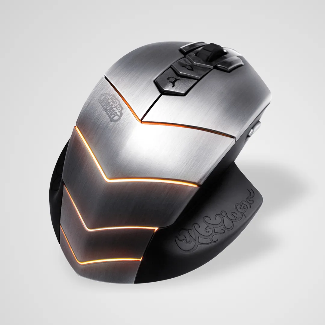 Silver gaming mouse in three-quarter view with orange accent lines on a neutral backdrop