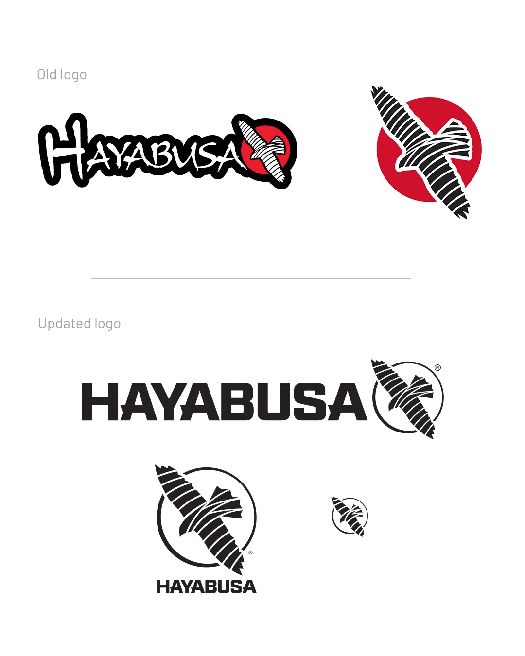 Hayabusa logo evolution: the old graffiti-style mark beside the new clean wordmark