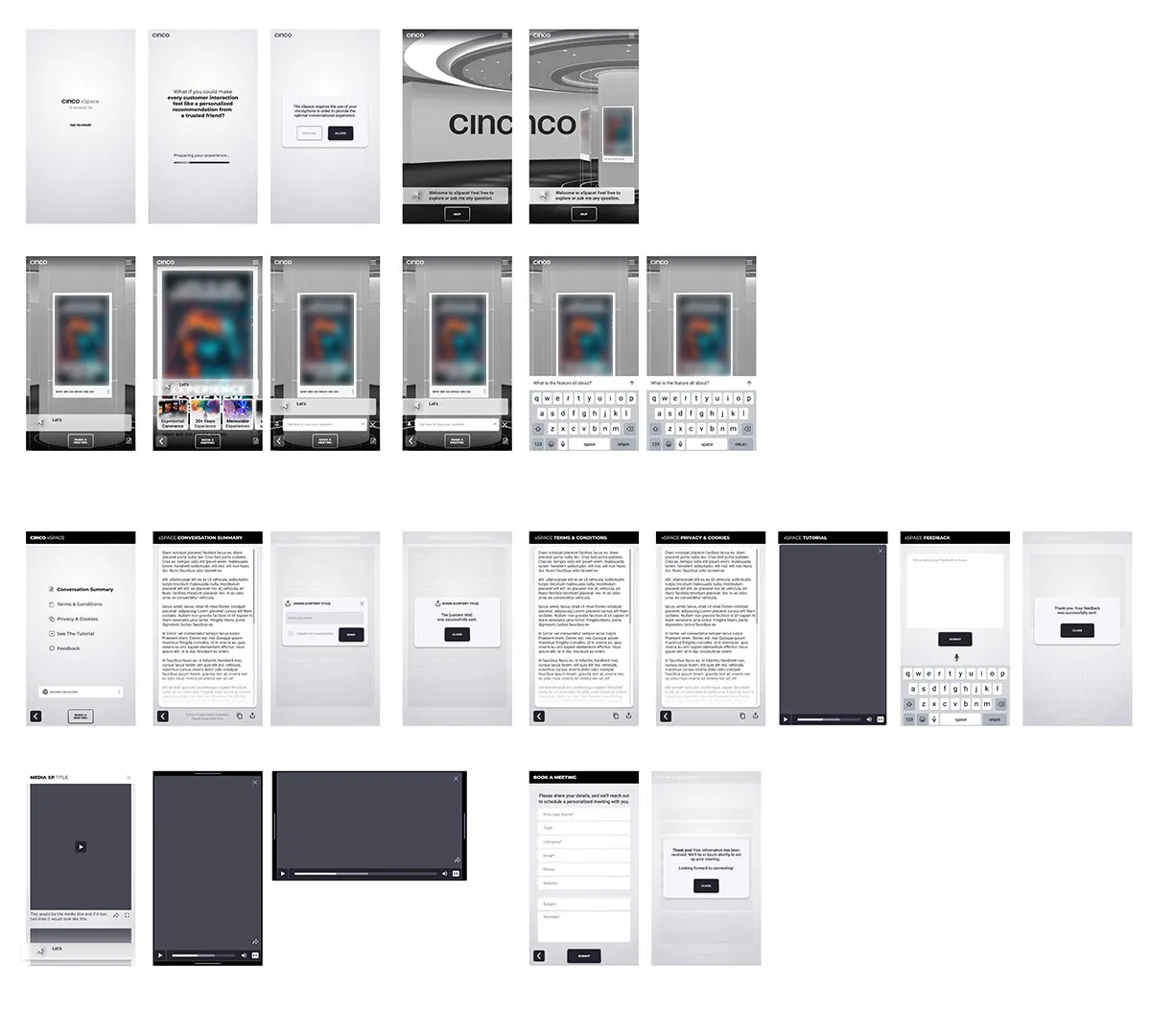 Cinco app interface layouts showcasing onboarding, conversational AI interaction, and user information screens