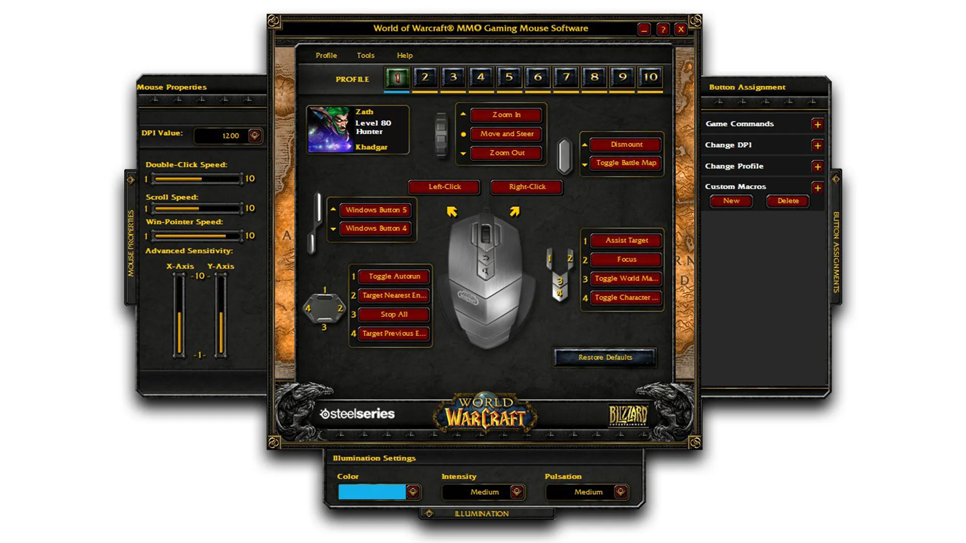World of Warcraft MMO mouse software interface showing DPI, button, and illumination settings