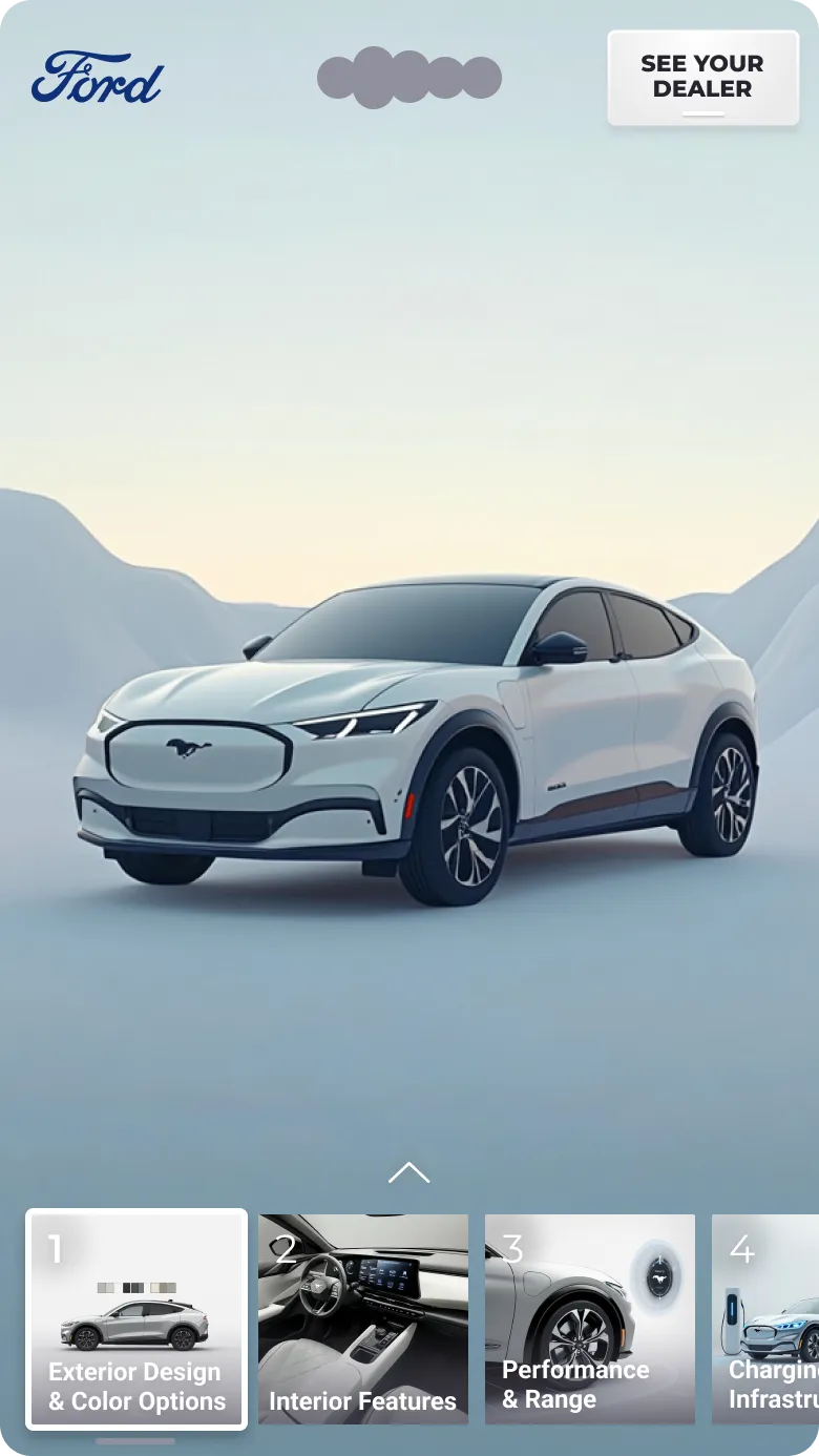 Ford Mustang Mach-E electric vehicle with See Your Dealer button and product feature cards