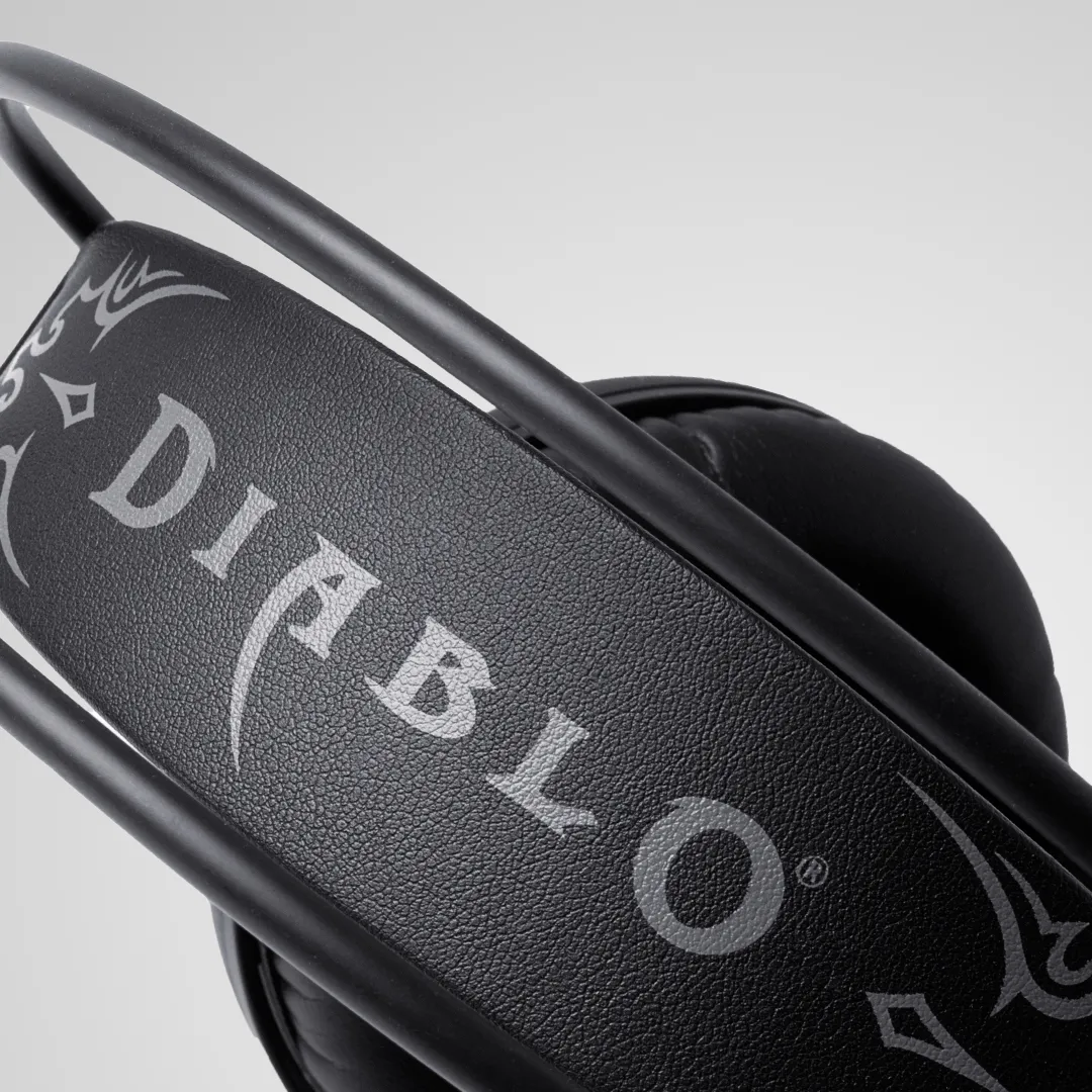 Diablo III headset headband with the embossed DIABLO wordmark and tribal etching