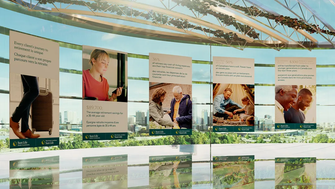 Education display screens with retirement statistics and portraits in the 3D lobby