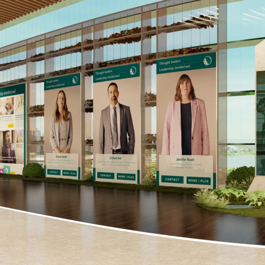 Three teal-framed thought-leader panels with professional headshots