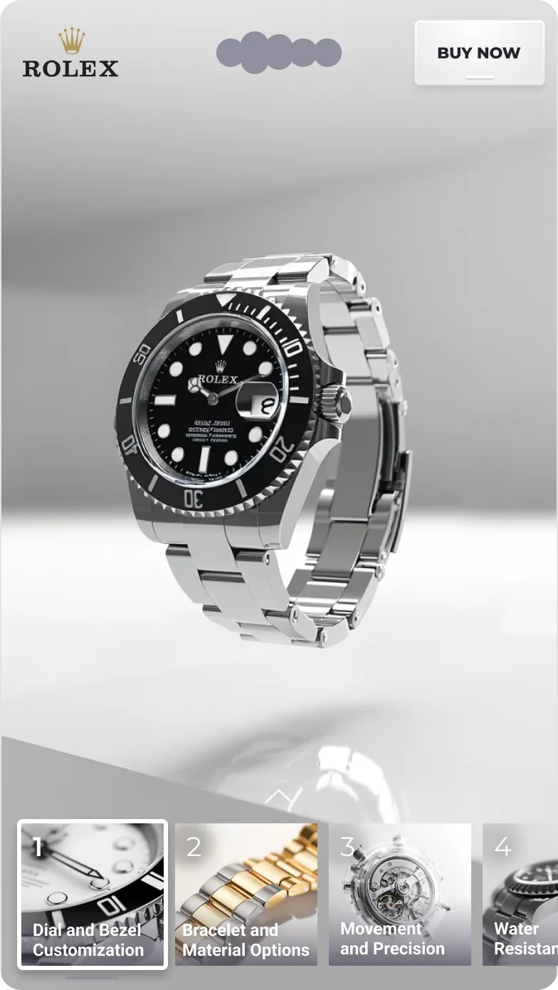 Rolex Submariner watch with Buy Now button and customization feature cards