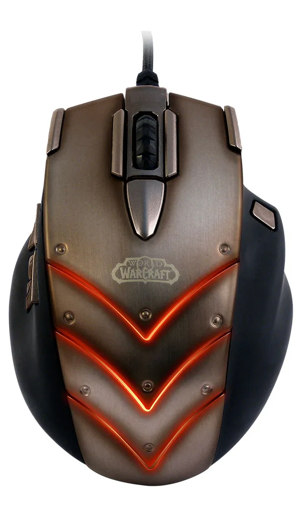 World of Warcraft mouse from above with orange-lit chevrons and the game logo on a bronze shell