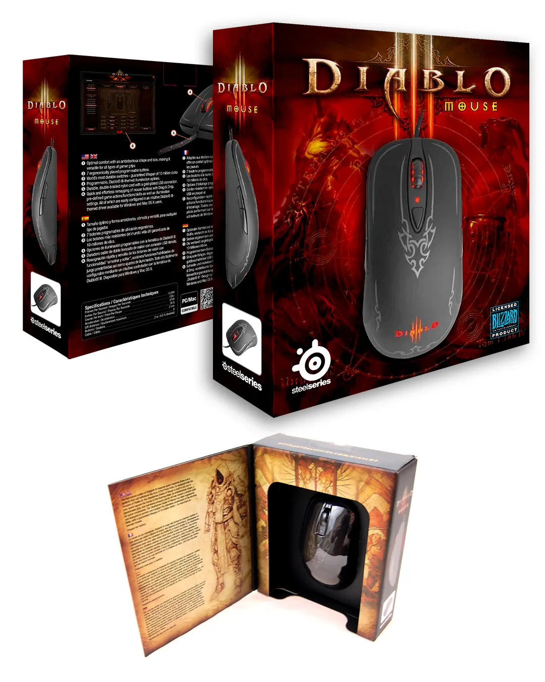 SteelSeries Diablo III mouse and headset retail boxes with unboxed display