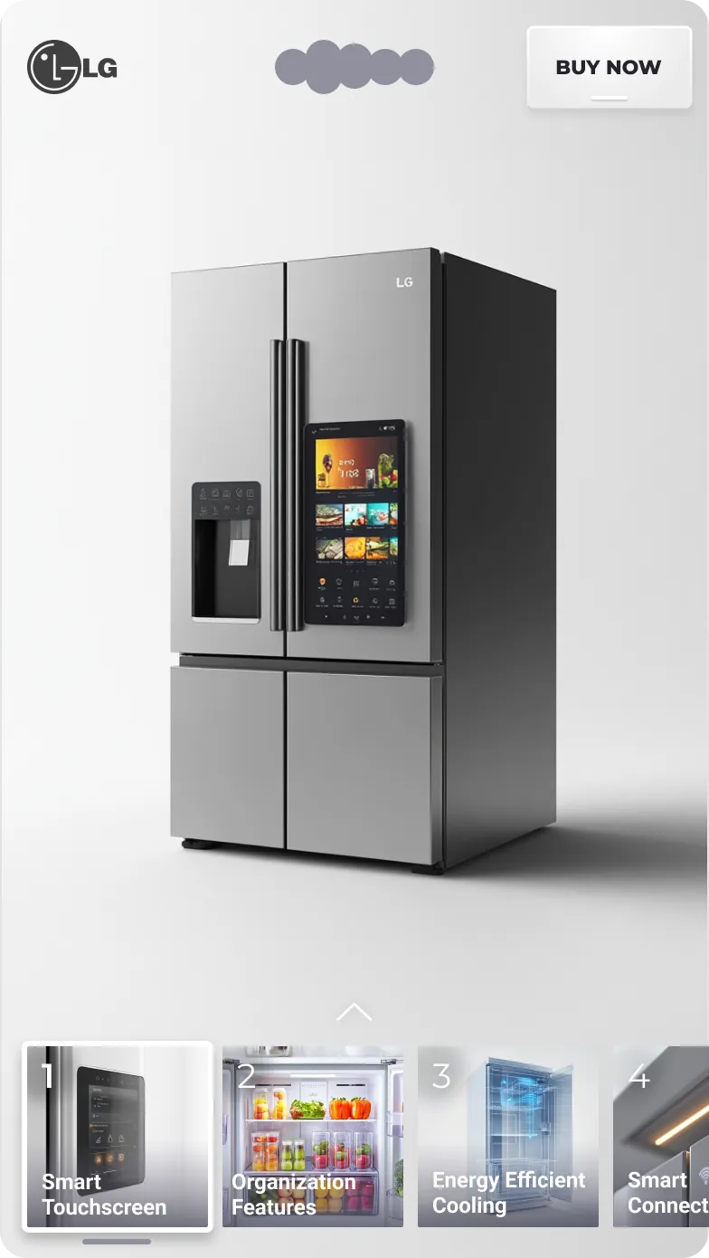 LG smart refrigerator with integrated touchscreen display, Buy Now button and feature cards