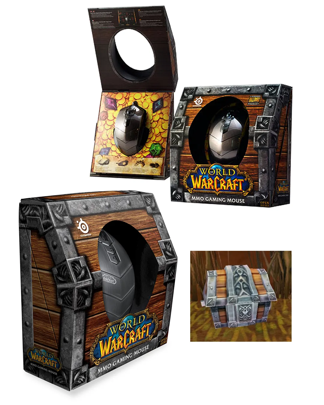 Three retail box variants with themed artwork, including Cataclysm wood design, gold treasure theme, and packaging insert details