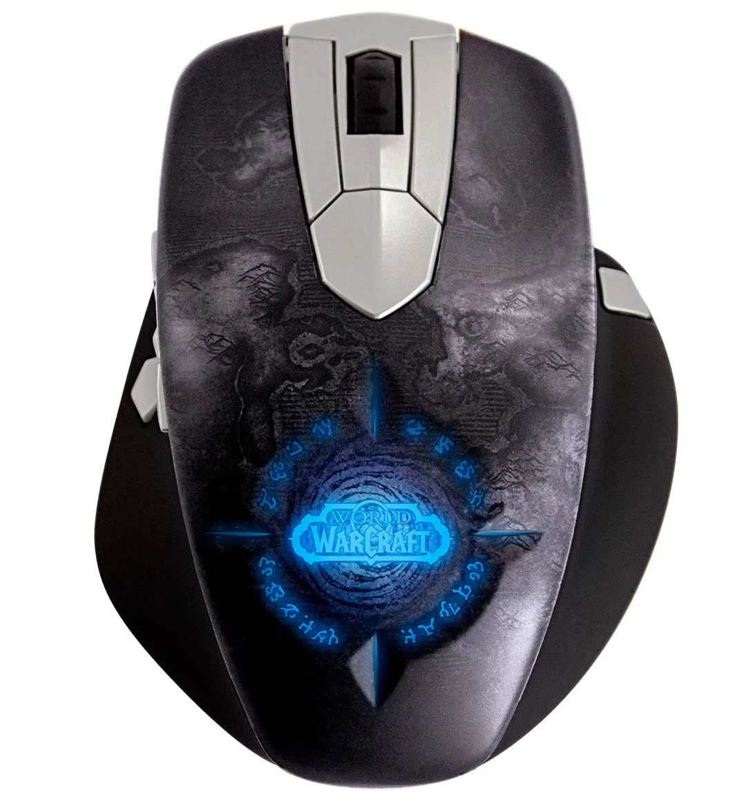 Wireless mouse on a pyramid charging dock, blue-lit WoW logo on the palm