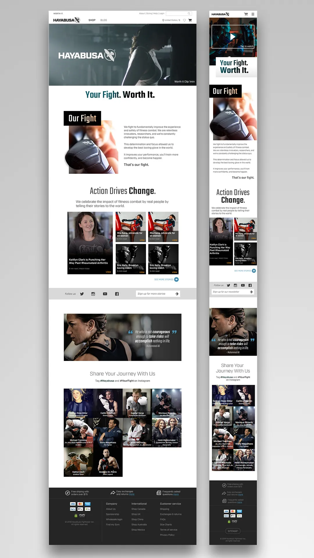 Hayabusa website shown in desktop and mobile layouts with products and stories