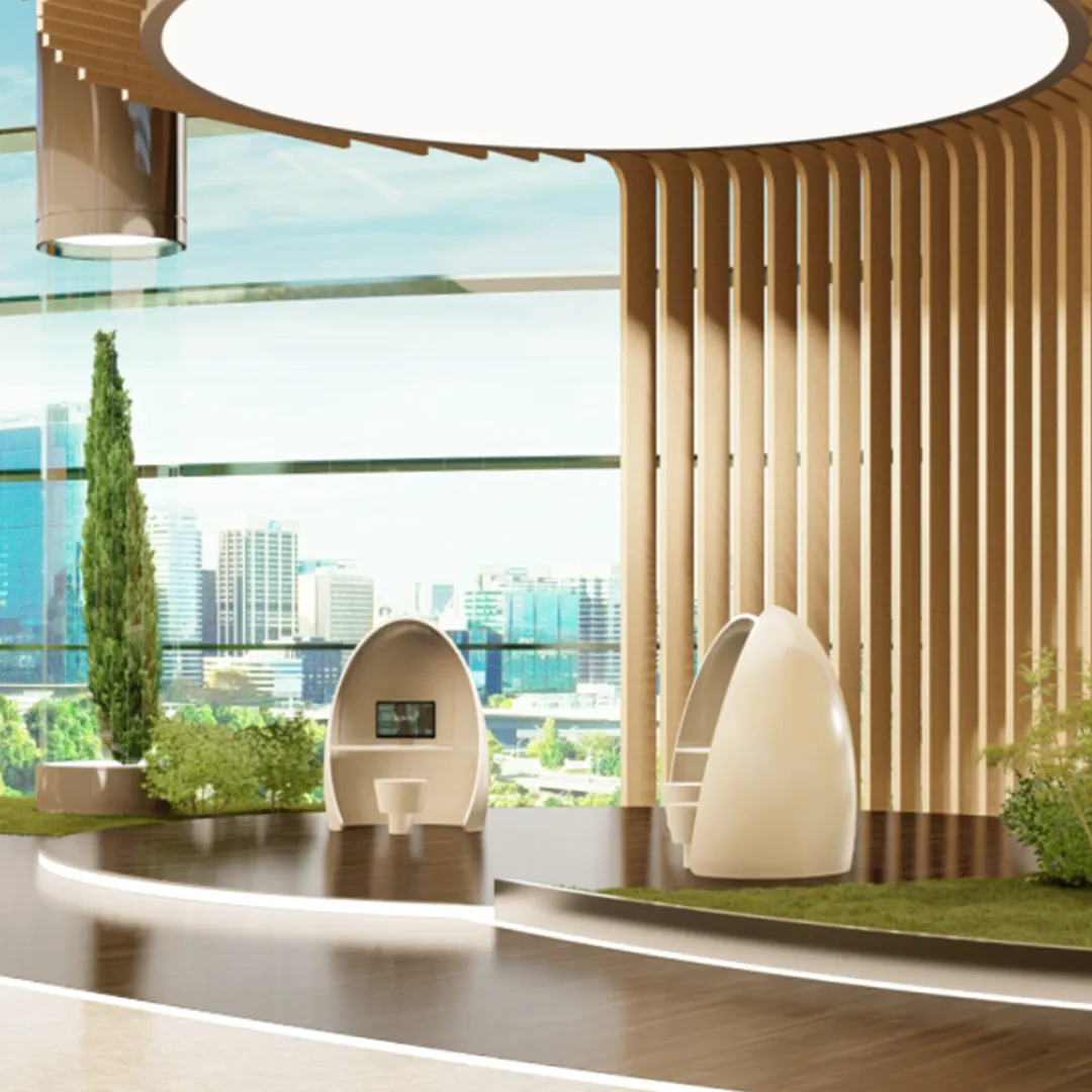 Domed ceiling with vertical wood slats, a central skylight, and a city view through glass