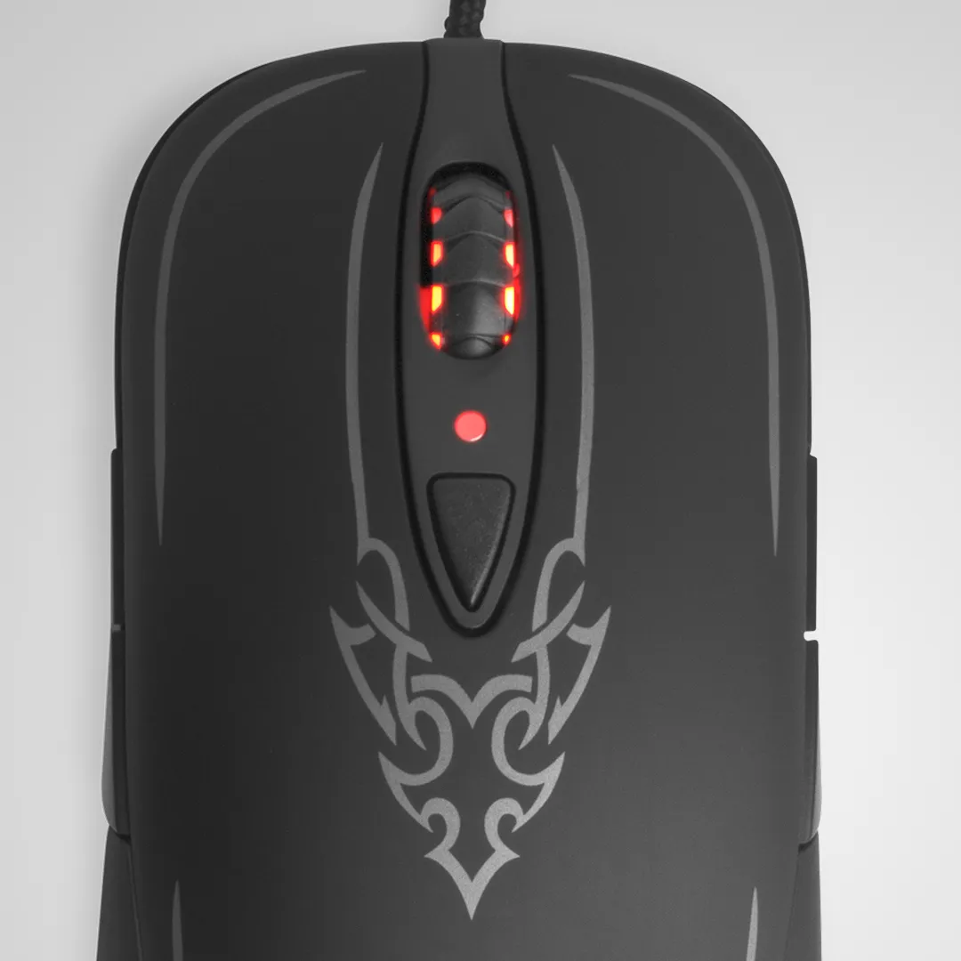 Diablo III mouse top view with a red illuminated scroll wheel and tribal etching