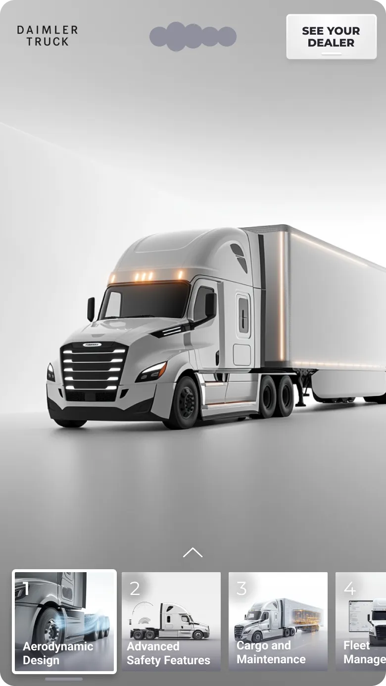 Daimler semi-truck on a gradient background with a See Your Dealer button and feature cards