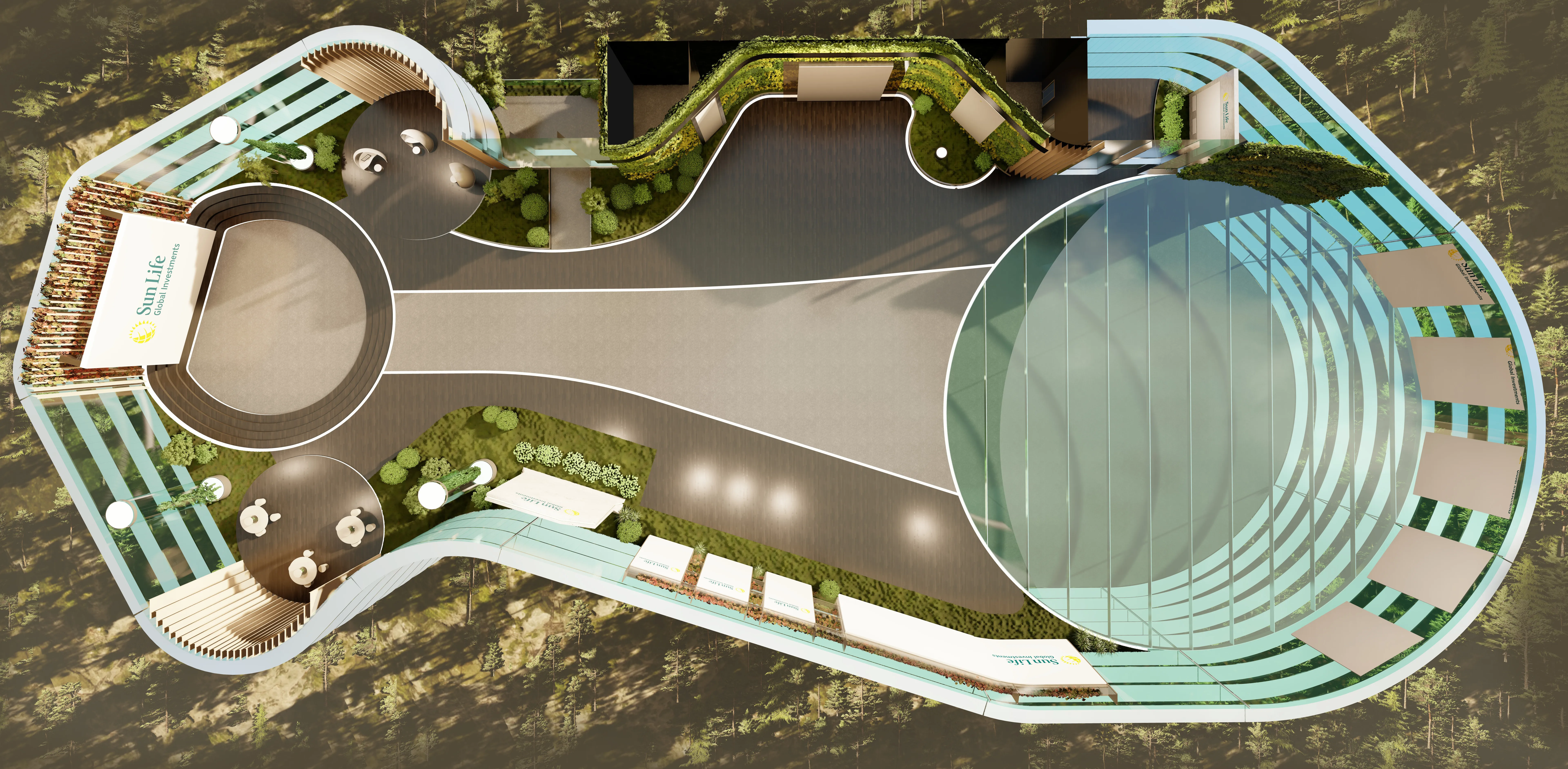 Aerial view of the xSpace floor plan with curved pathways and green landscaping