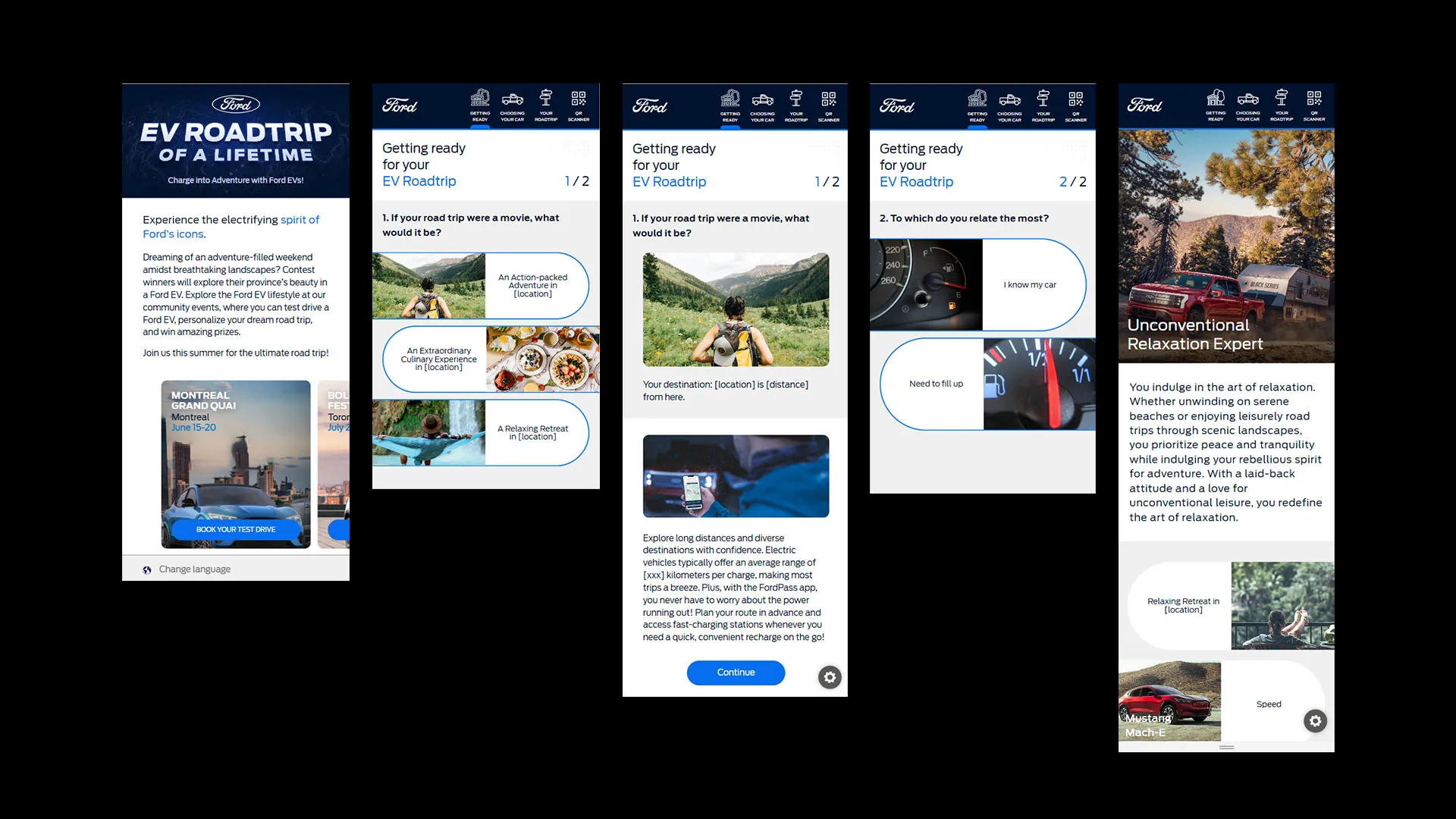 Ford EV Roadtrip mobile quiz screens with the landing page and personality questions