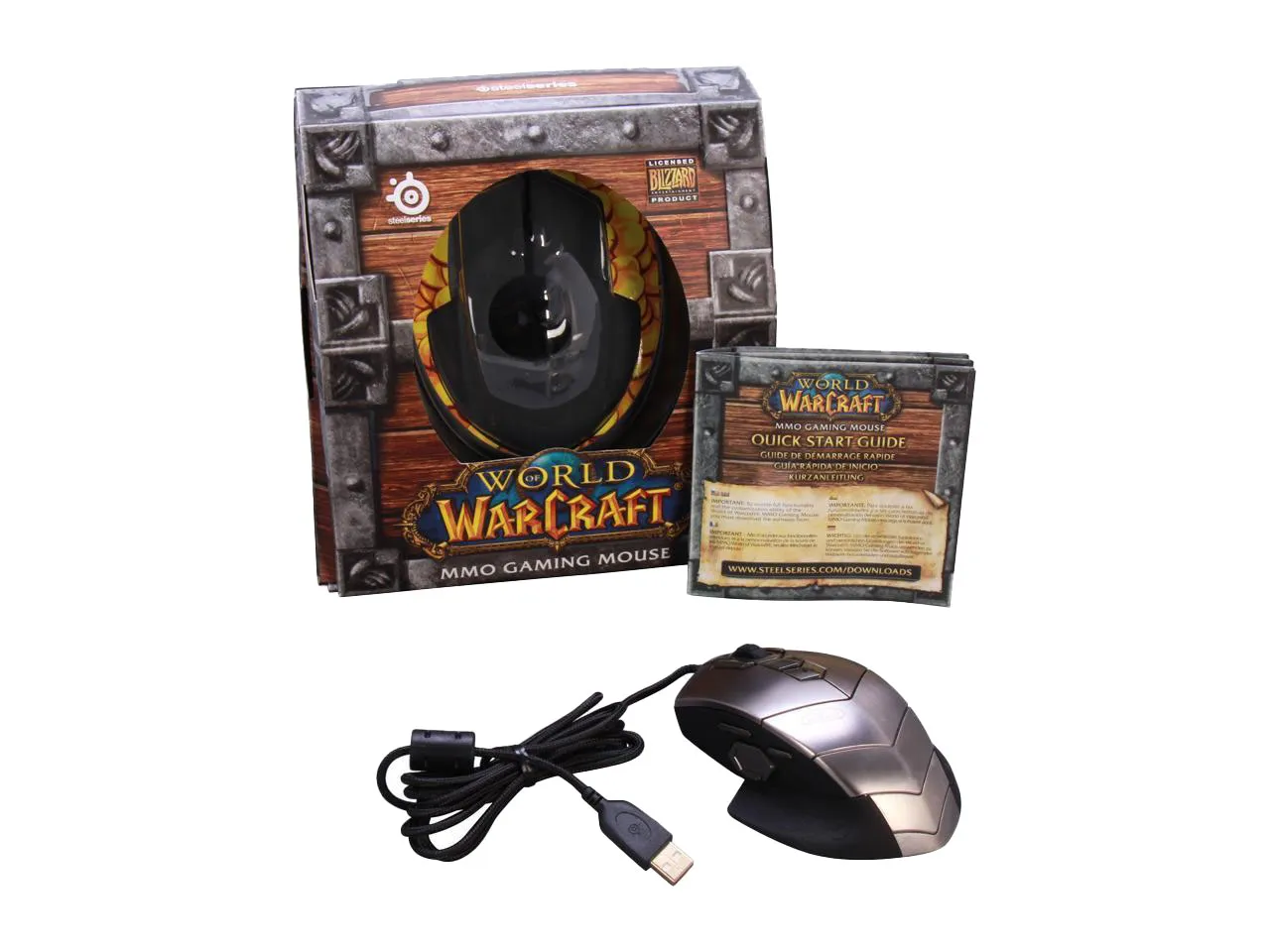Unboxed Cataclysm packaging with Quick Start Guide, retail box with wood texture, and silver mouse with fire-effect lighting