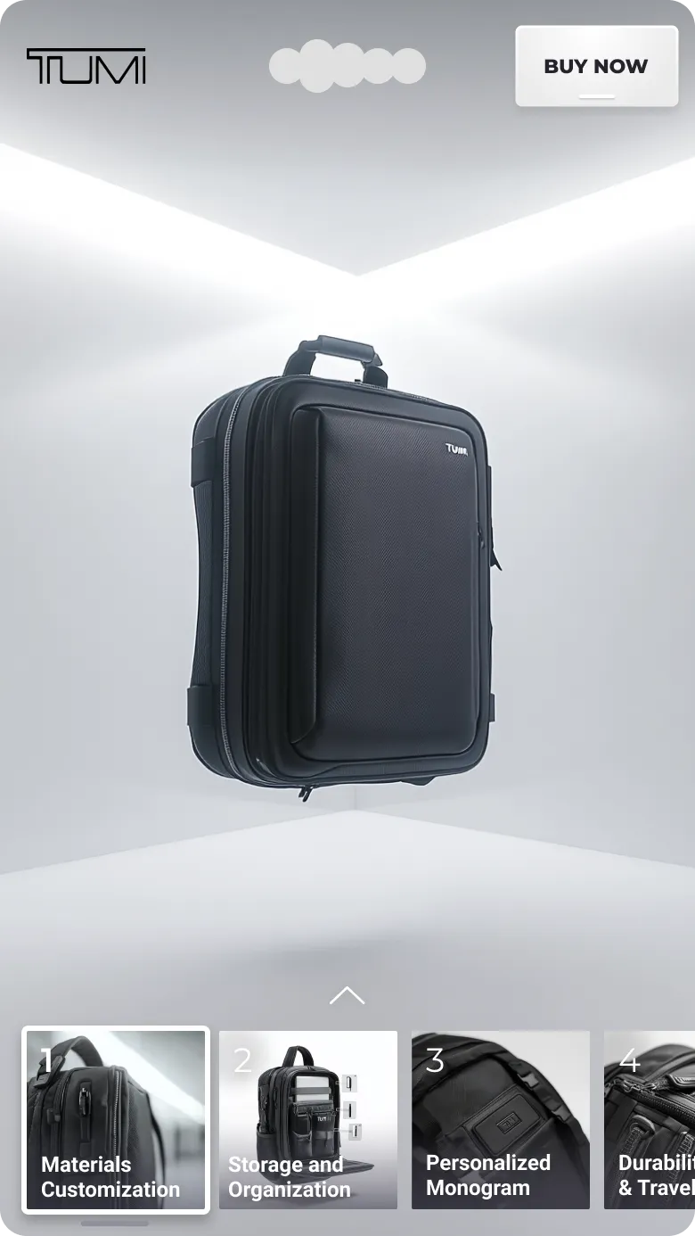 TUMI black laptop backpack on a gradient with a Buy Now button and customization cards