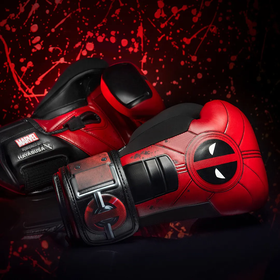 Deadpool training gloves with red splatter effect background
