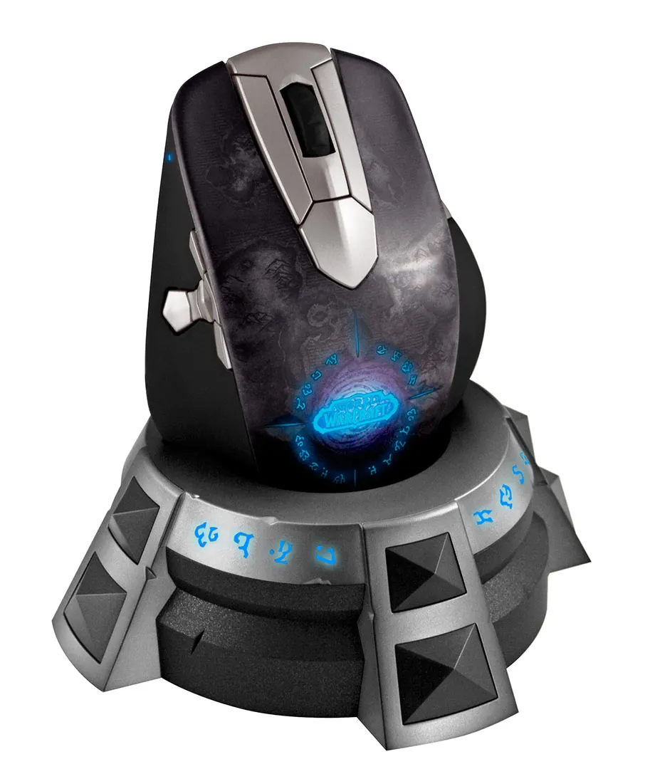 Wireless mouse mounted on carved stone pedestal base with blue rune markings and geometric details