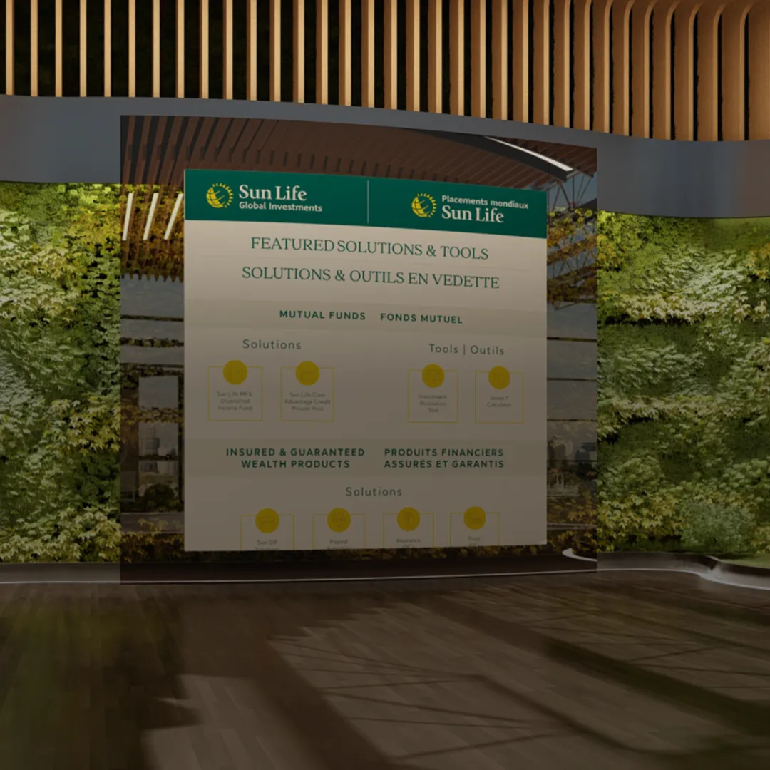 Bilingual solutions display with Sun Life branding and mutual-fund offerings
