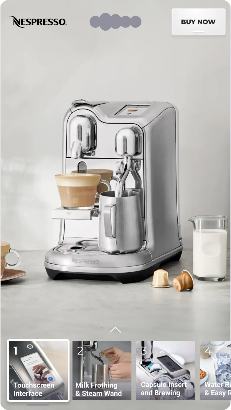 Nespresso coffee machine dispensing espresso with milk frother, Buy Now button and feature cards