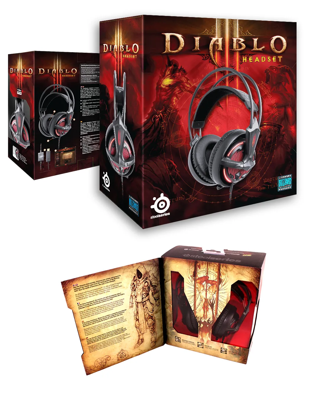 SteelSeries Diablo III mouse and headset retail boxes with unboxed display