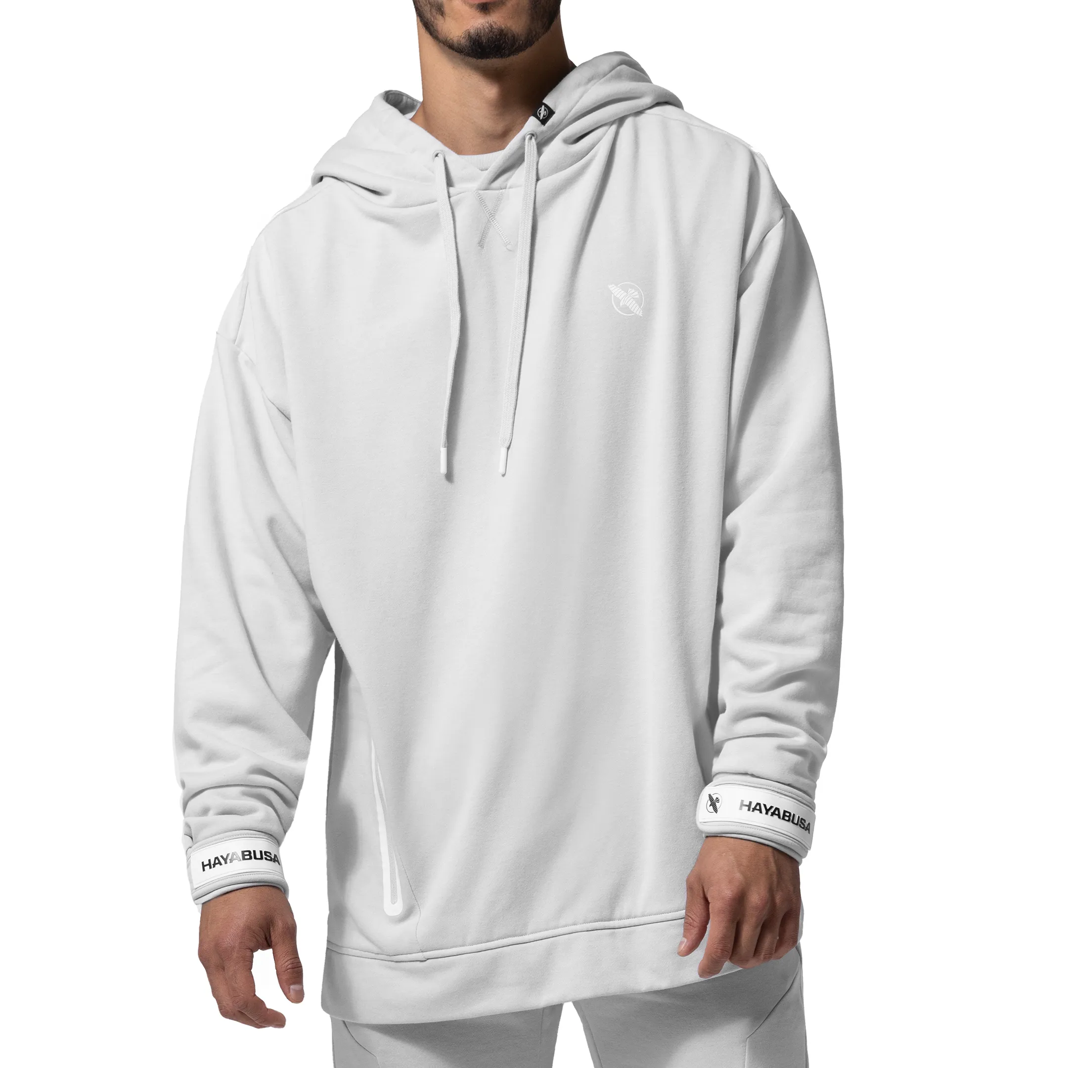 Man in a cream Hayabusa hoodie, full-body product shot on white
