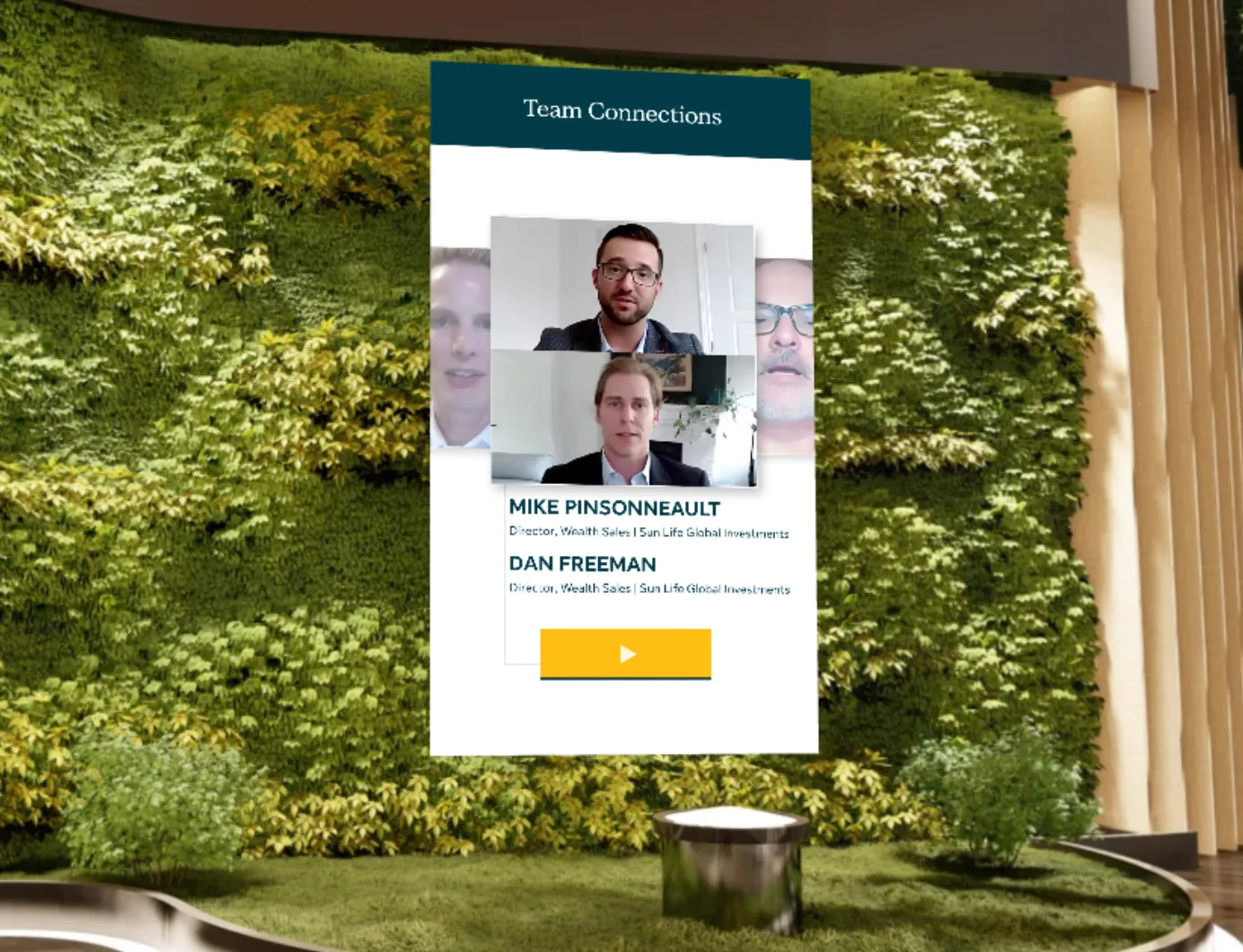 Team Connections panel with two wealth directors in a video-call layout beside a living wall
