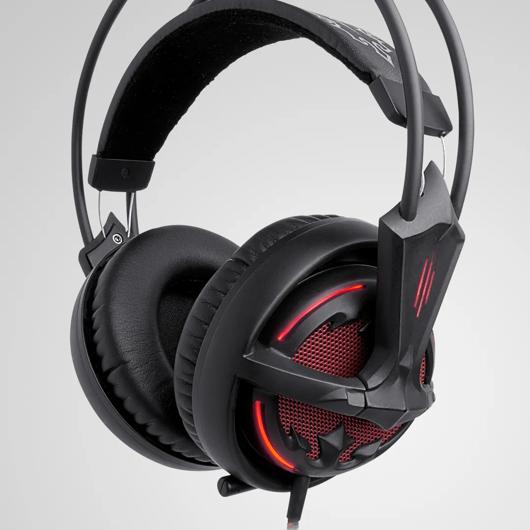 Diablo III headset, three-quarter view, with red glowing trim and perforated ear-cup mesh