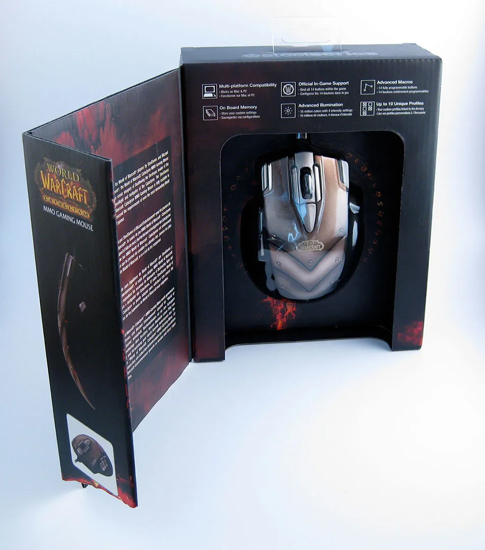 Retail box at an angle showing the side panel and the mouse in its display window