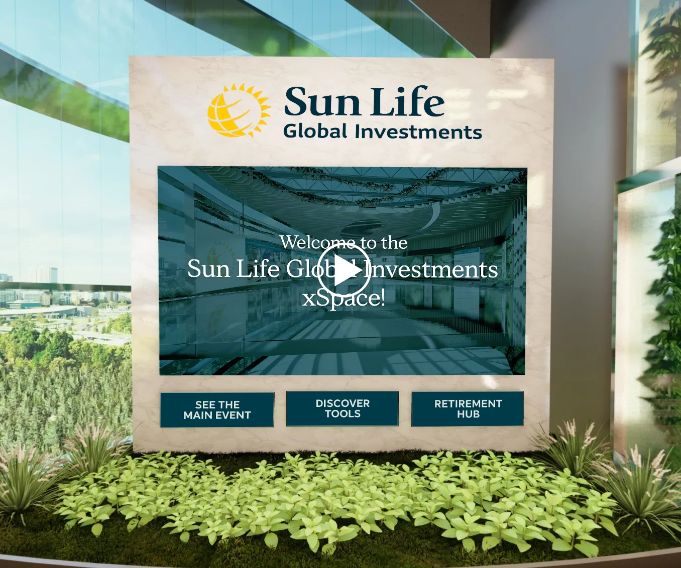 Sun Life xSpace welcome screen with the logo, a video preview, and action buttons
