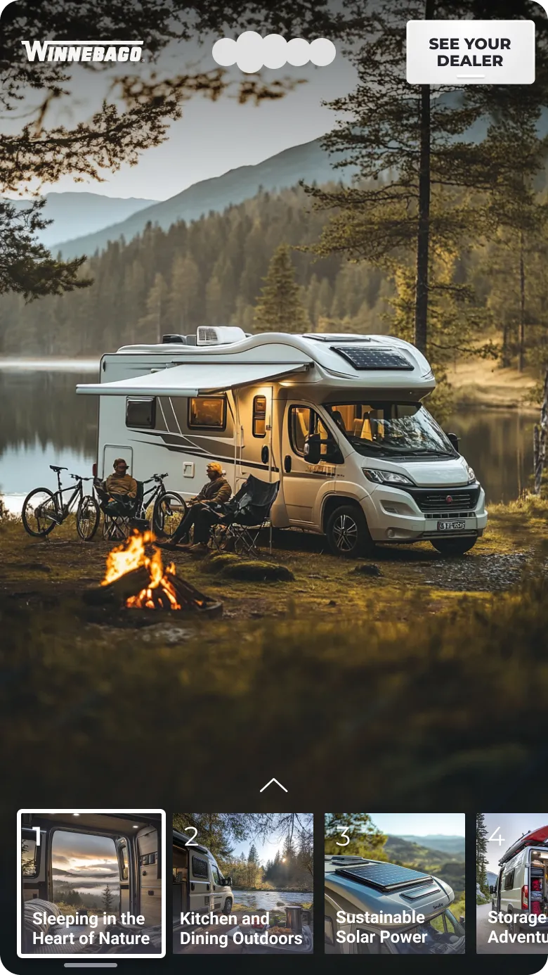 Winnebago camper van at lakeside campsite with See Your Dealer button and camping feature cards
