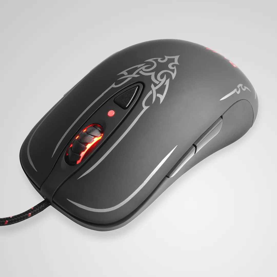 Diablo III mouse from above with silver tribal etching and a red-lit scroll wheel