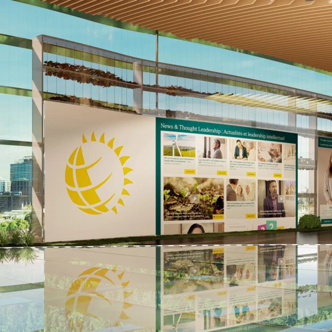 News and thought-leadership display with professional portraits and yellow buttons