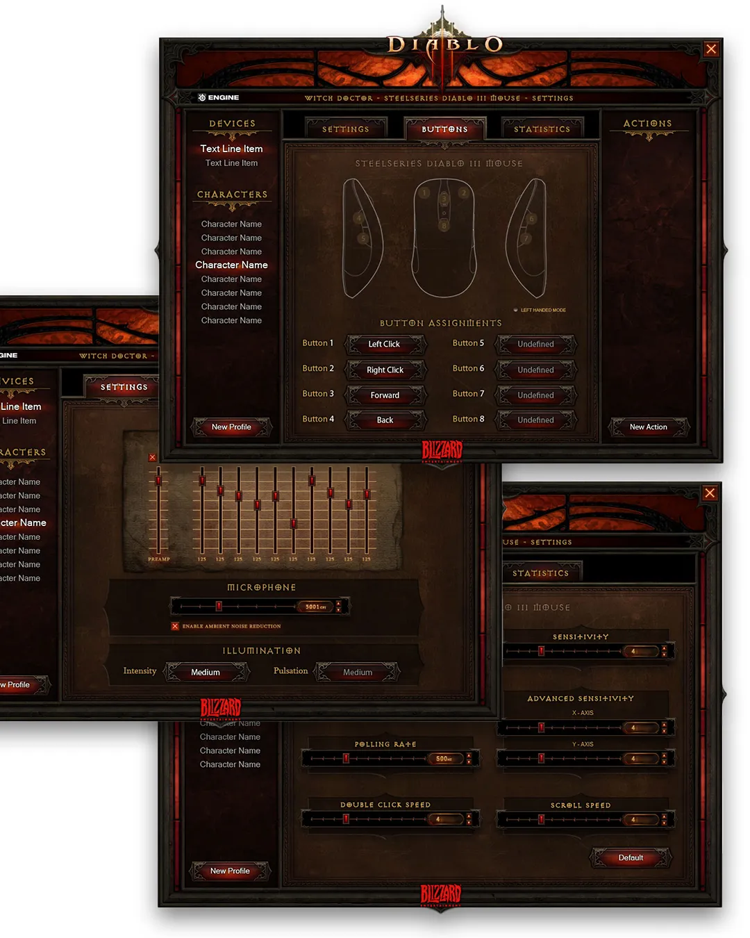 Diablo III software interface showing device settings and macro controls
