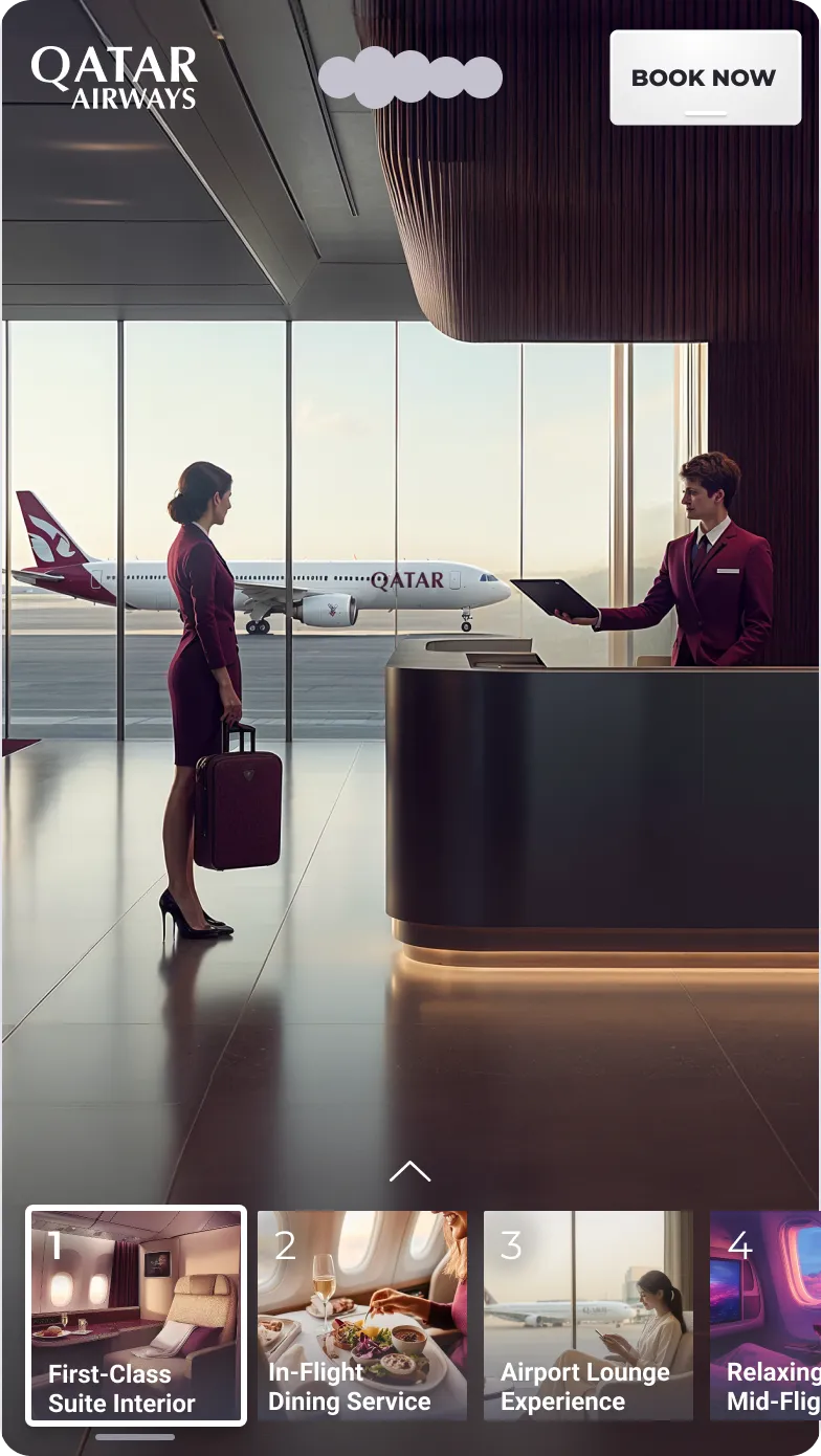 Qatar Airways airport check-in counter with passenger and staff, aircraft visible, Book Now button and travel feature cards