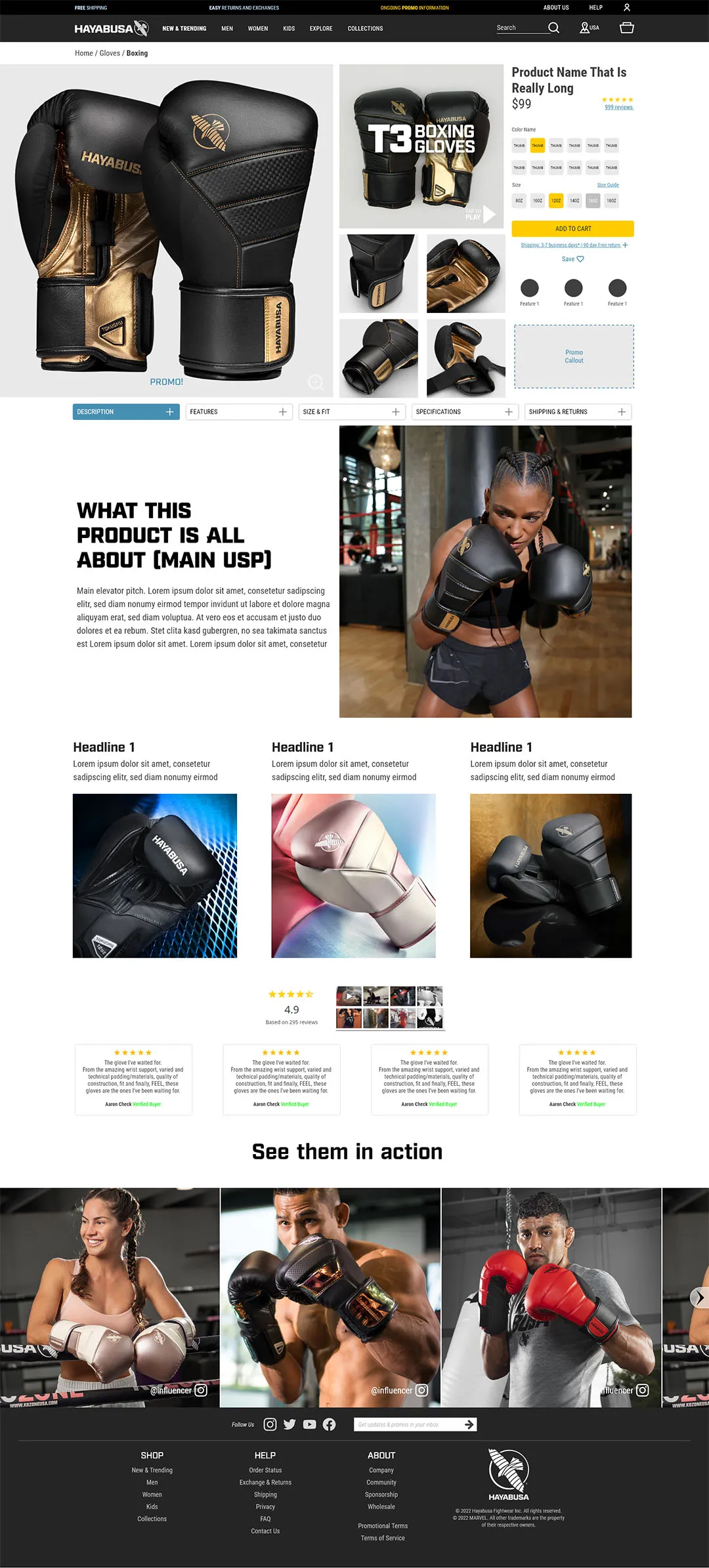 Hayabusa boxing gloves product page showing colorways, specifications, and athlete imagery