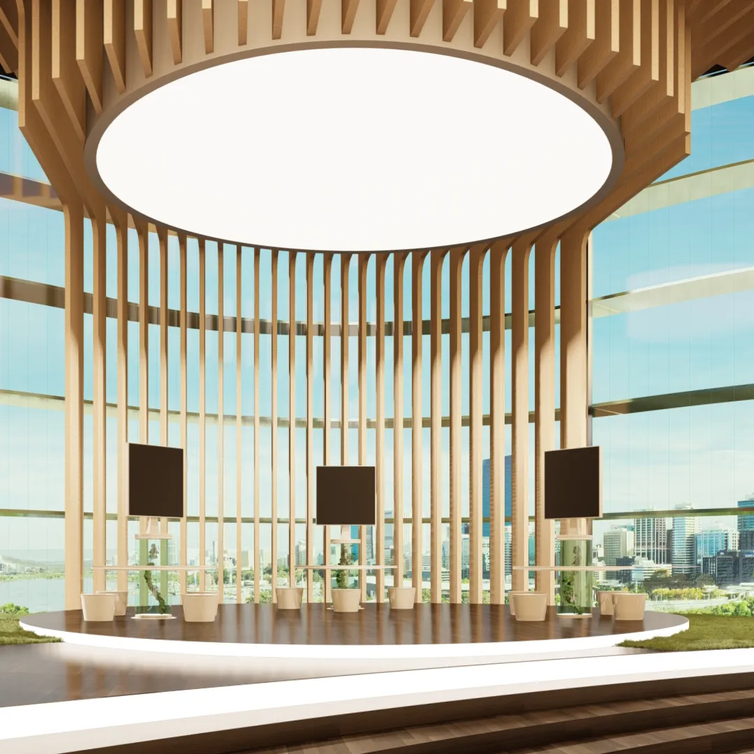 Circular pavilion with a large central skylight, wood-slat walls, and city views