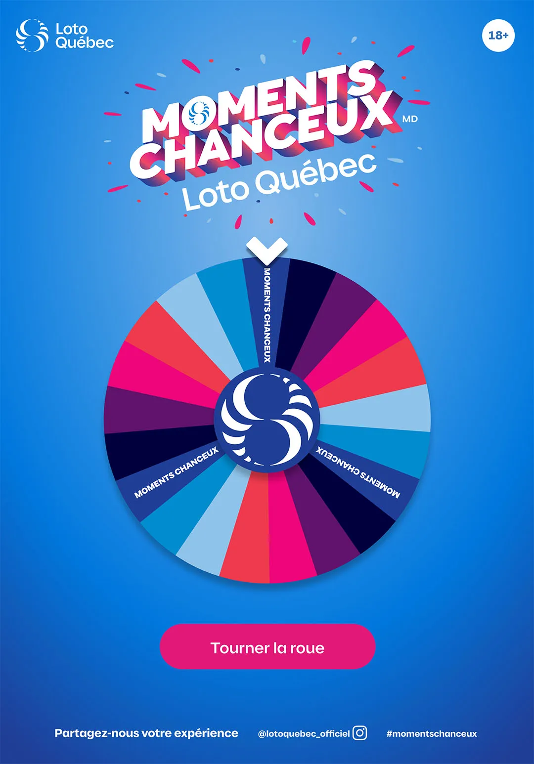 Mobile app screen mockup showing Moments Chanceux interface with the wheel and spin button on blue background