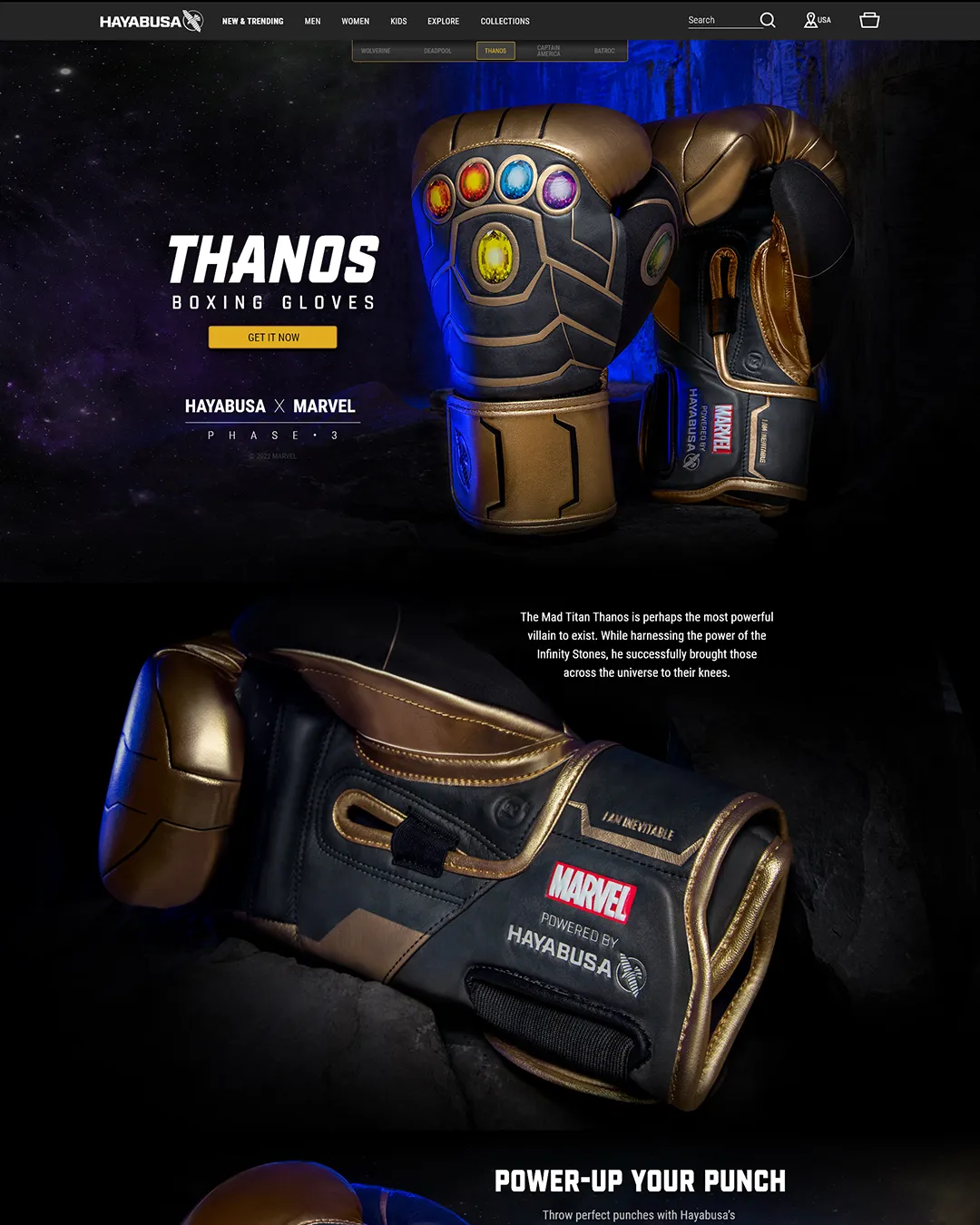 Thanos boxing gloves product landing page on Hayabusa store