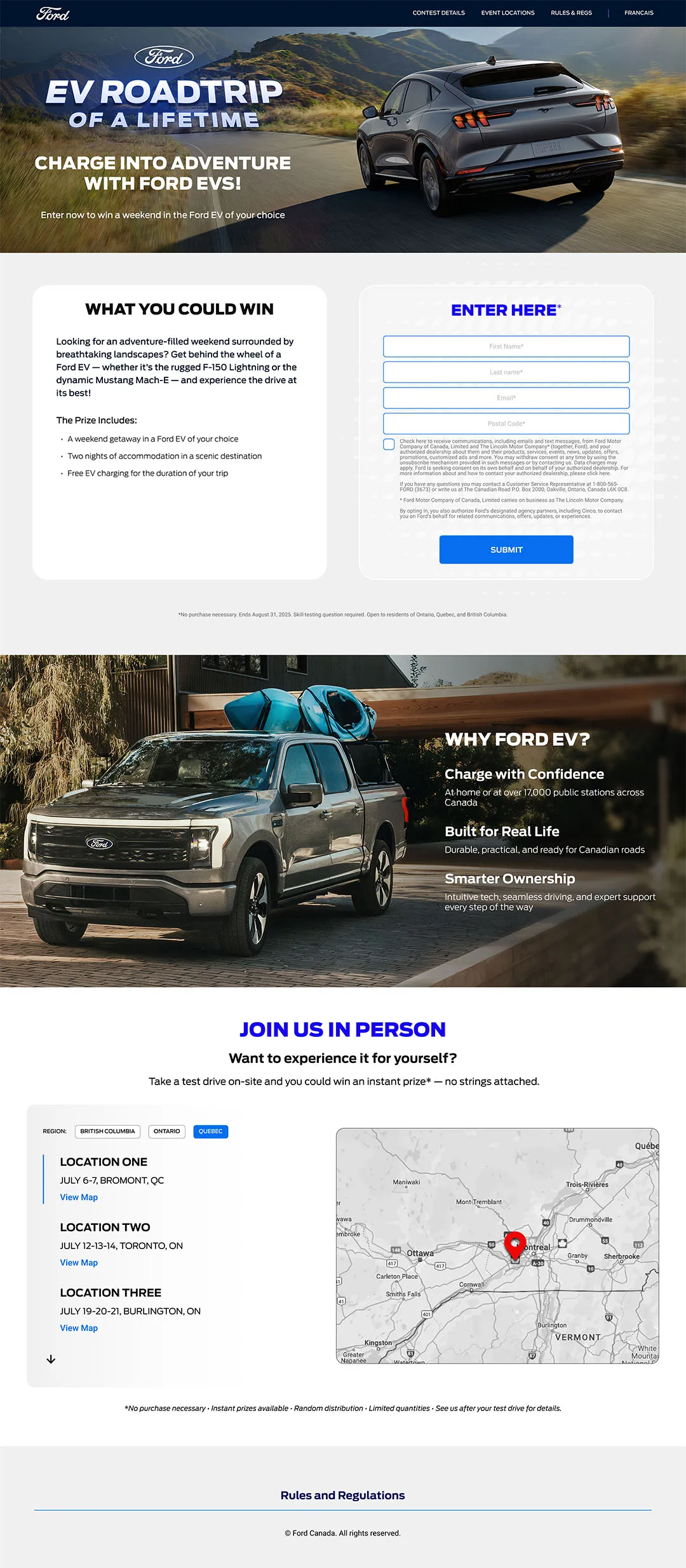 Ford EV Roadtrip website with entry form, vehicle showcase, and event details