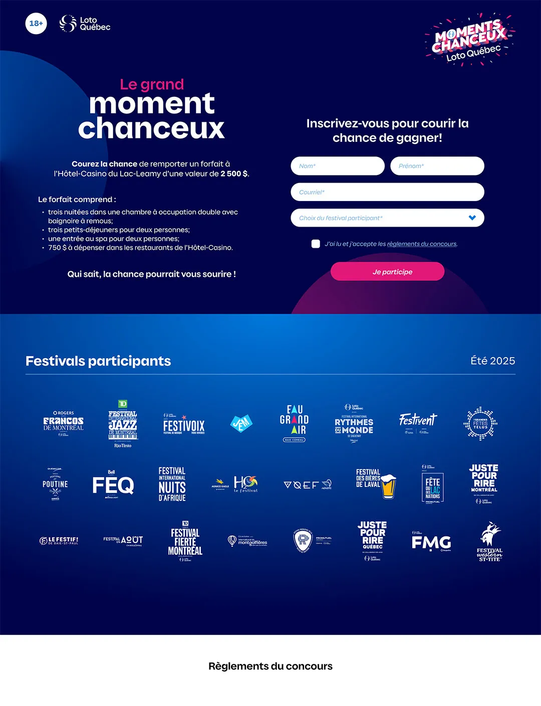 Le Grand Moment Chanceux digital contest registration form with input fields and festival partner logos below